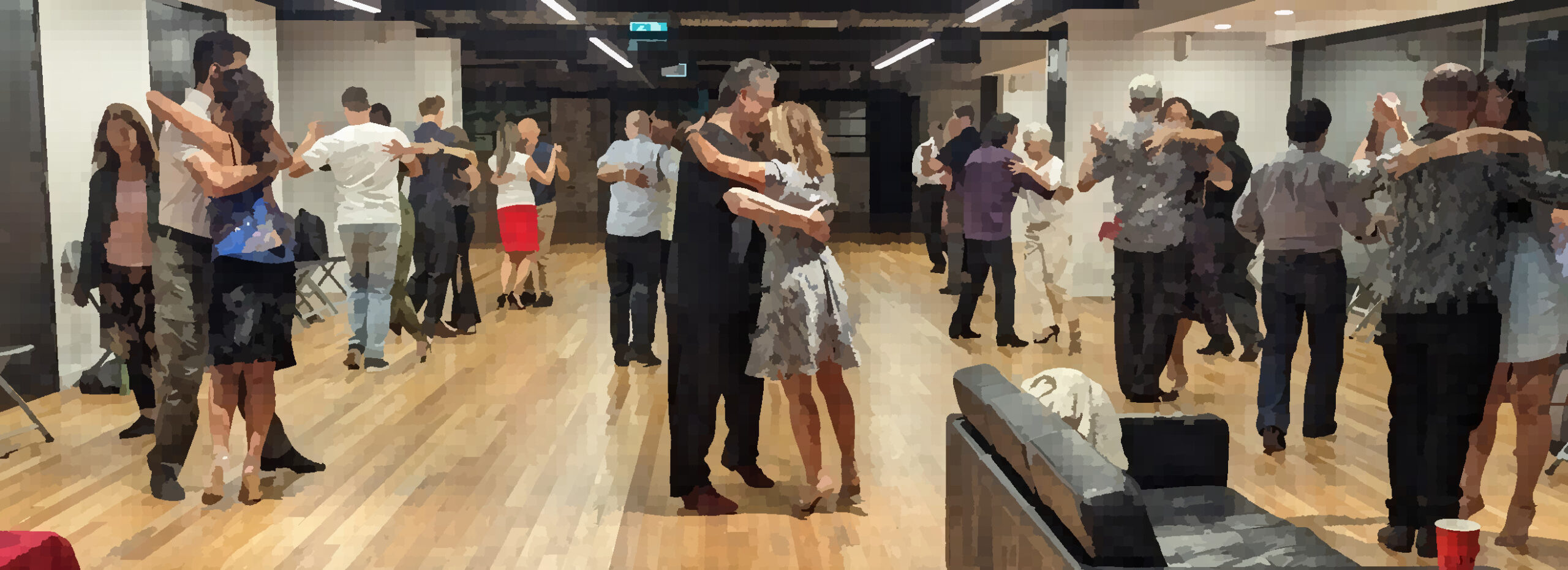 Couples dancing tango at Synergy practica on Sunday